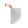 Paper push pins. Thumbtack in hand man. Empty white sheet. 3D illustration flat design. Attach announcement to wall Royalty Free Stock Photo