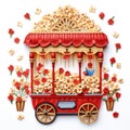 Paper quilling illustration of an old fashioned antique popcorn cart machine. Colors of red, yellow. Isolated on white