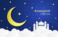 Paper Ramadan. Mosque, yellow moon and stars, clouds paper cut origami style, islamic festive greeting card, banner Royalty Free Stock Photo