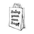 Paper recycled bag. Sketch doodle illustration isolated on white. Bring your own bag. Bpa and plastic free concept. Reusable or