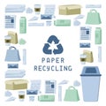 Paper recycling card with paper trash, dumpster and lettering