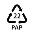 paper recycling code PAP 22, newspaper, books, magazines, wrapping paper, wallpaper, paper bags, paper straws symbol