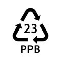 paper recycling code PPB 23, paperboard, book covers, frozen food boxes, greeting cards symbol, ecology recycling sign