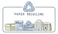 Paper recycling illustration with trash and lettering