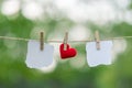 Paper and red heart shape decoration hanging on line with copy space for text on green nature background. Love Wedding Romantic Royalty Free Stock Photo