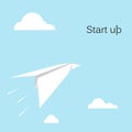 Paper rocket icon with white cloud on sky background.Start up