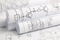 Paper rolls of electrical engineering drawings Royalty Free Stock Photo