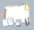 : Paper with ruler, pencil, pen and calculator on the table Royalty Free Stock Photo