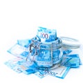 Paper Russian Money. New Russian Banknotes Of 2000 Two Thousands Rubles Close Up in glass jar on white isolated background. Royalty Free Stock Photo