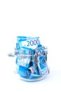 Paper Russian Money. New Russian Banknotes Of 2000 Two Thousands Rubles Close Up in glass jar on white isolated background. Royalty Free Stock Photo