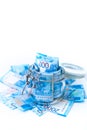 Paper Russian Money. New Russian Banknotes Of 2000 Two Thousands Rubles Close Up in glass jar on white isolated background. Saving Royalty Free Stock Photo