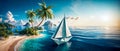 Paper sailboat sailing in the ocean near a tropical island