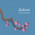 Paper sakura branch with flowers. Blooming cherry. 3d floral pat