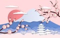 Paper sakura. Panorama landscape with japanese trees, garden flowers and hills. Paper cut style origami asia travel Royalty Free Stock Photo
