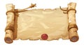 Paper scroll. Ancient paper roll wrapped in twine and sealed with wax. Medieval document. Letter with stamp and rope Royalty Free Stock Photo