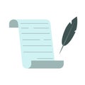 paper scroll feather. Empty scroll paper with feather. Vector illustration. Stock image. Royalty Free Stock Photo