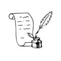 Paper scroll inkwell nib vintage ink pen. Literature poetry writing symbol. Hand drawn engraving black sketch outline
