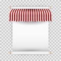 Paper scroll mockup with striped vector awning for shop, cafe, market or restaurant. Promo design template