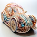 A paper sculpture of a colorful car on a white surface. Generative AI image.