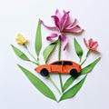 Paper Sculpture: Orange Car With Pink Tulips - Botanical Abstractions And Childlike Simplicity