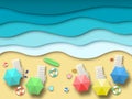 Paper sea beach. Summer holiday landscape with sand, ocean and sun, summertime relaxation 3d origami. Paper art vector Royalty Free Stock Photo
