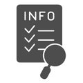 Paper search solid icon. Search info list vector illustration isolated on white. Document and magnifier glyph style