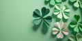 Paper shamrocks around borders, on light green background with copy space, banner St. Patrick\'s Day theme generative AI