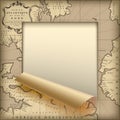 Paper sheet cut framed and partially rolled up with old geograp Royalty Free Stock Photo