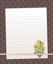 Paper lined sheet on a dark brown background with vertical and horizontal stripes and round circles pink pearl line bow yellow flo