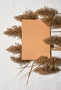 Paper sheet and group of dried reed flowers on white linen