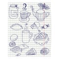 Paper sheet with ink drawing teatime set