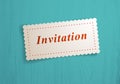 Paper sheet memo invitation word on it over wooden background vector realistic illustration.