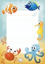 Paper sheet template with cartoon sea animals in background