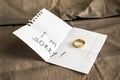 Paper sheet with text I'M SORRY and ring on cloth. Concept of divorce Royalty Free Stock Photo