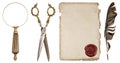 Paper sheet with wax seal, ink feather pen, loupe and scissors. Royalty Free Stock Photo