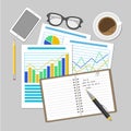 Paper sheets with analytic graphs and charts. Financial Audit Concept, SEO analytics, tax audit, working, management. Royalty Free Stock Photo