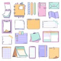 Paper sheets hand drawn stickers. Doodle planner page, draw notes decorative set. Notebook memo sheet, neoteric school