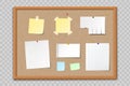 Paper sheets and stickers on cork bulletin board Royalty Free Stock Photo