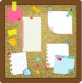 Paper sheets, sticky notes, stickers hanging on cork board. Vector illustration