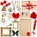 paper sheets with vintage accessories isolated on white. scrapbook elements Royalty Free Stock Photo