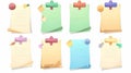 Paper sheets for writing memories attached with adhesive tape and pins. White and colorful notepad pages for writing Royalty Free Stock Photo
