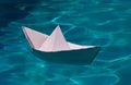 Paper ship , origami paper ship sail. Paper boat on the sea water background. Dreaming traveling. Royalty Free Stock Photo