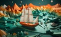 paper ship sailing through the mountain range