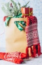 Paper shopping bag full of gift boxes Christmas ornamented