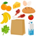 Paper shopping bag and groceries. Vector illustration Royalty Free Stock Photo