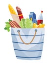 Paper shopping bag products grocery. Different food and beverage products, grocery shopping. Grocery supermarket. Fresh