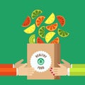 Paper shopping bag with sliced fruits in human hands. Vector ico Royalty Free Stock Photo