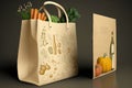 Paper shopping bag with vegetables and wine on dark background