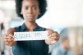 Paper sign, gender and finance equality with black woman, salary and pay gap. Equity, balance and opinion for fair Royalty Free Stock Photo