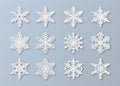Paper snowflakes. New year and christmas papercut 3d snowflake elements. White winter snow ornament decoration, origami Royalty Free Stock Photo